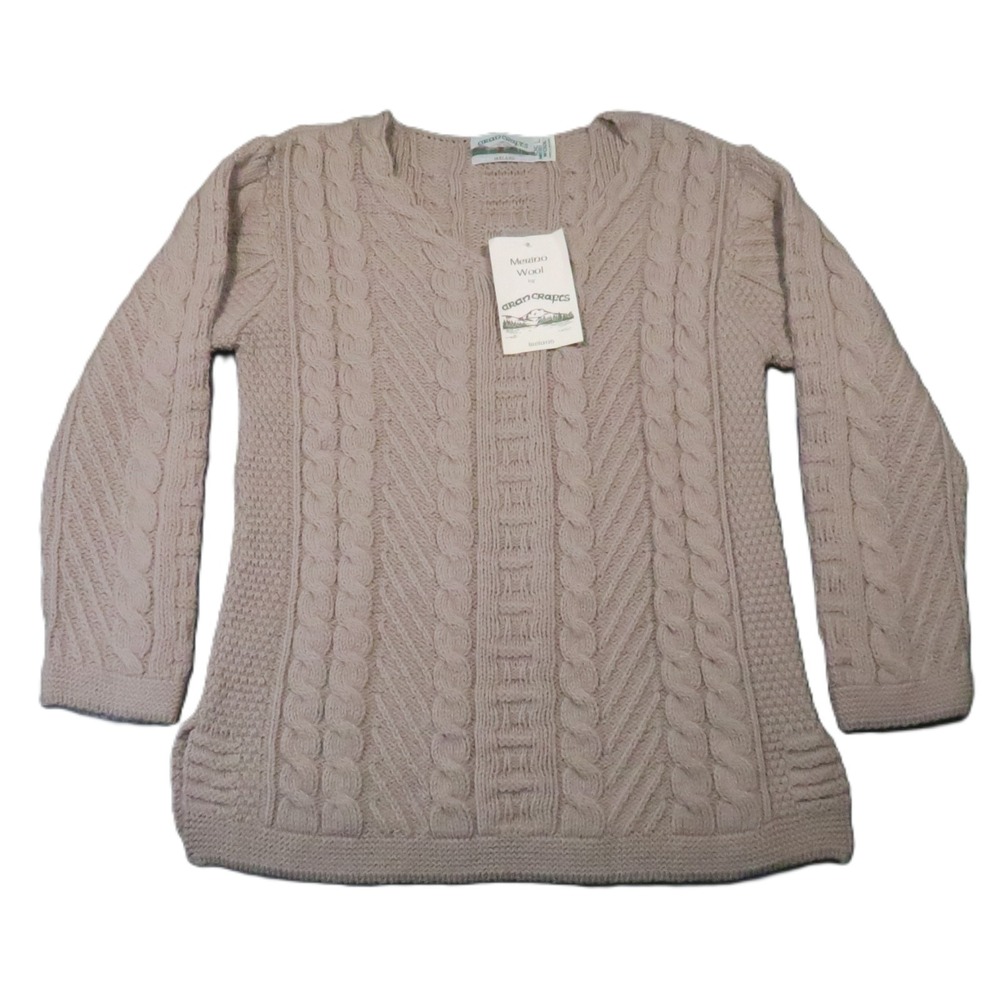Aran Crafts Irish Sweater Womens L Beige Merino Wool V-Neck Cable Knit Cozy NEW